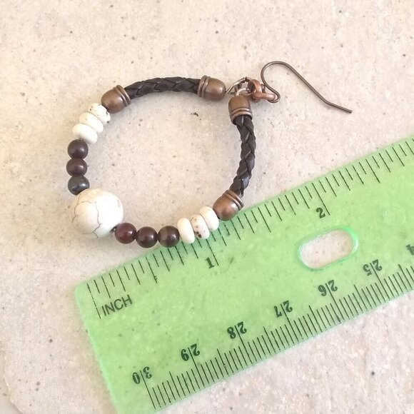 Rustic SouthWestern Flair! Leather + Jasper + Natural Howlite Hoop Earrings - Picture 3 of 7